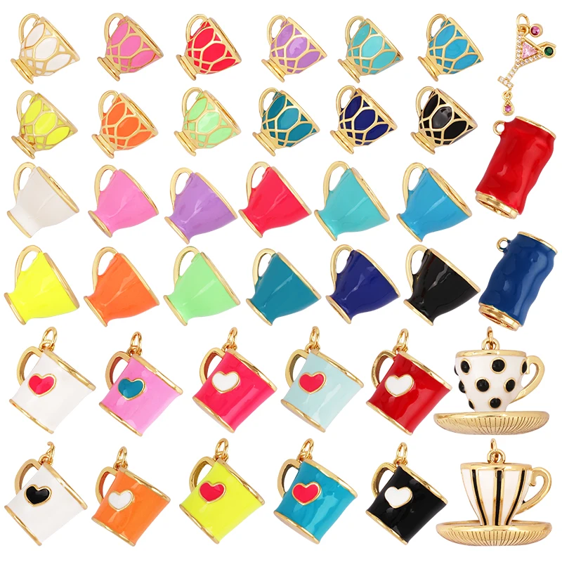 Tea Water Coffee Cup Enamel Charm Neon  Turquoise Red Pendant Oil Dropped,Real Gold Plated Colour,Necklace Bracelet Pendant N27