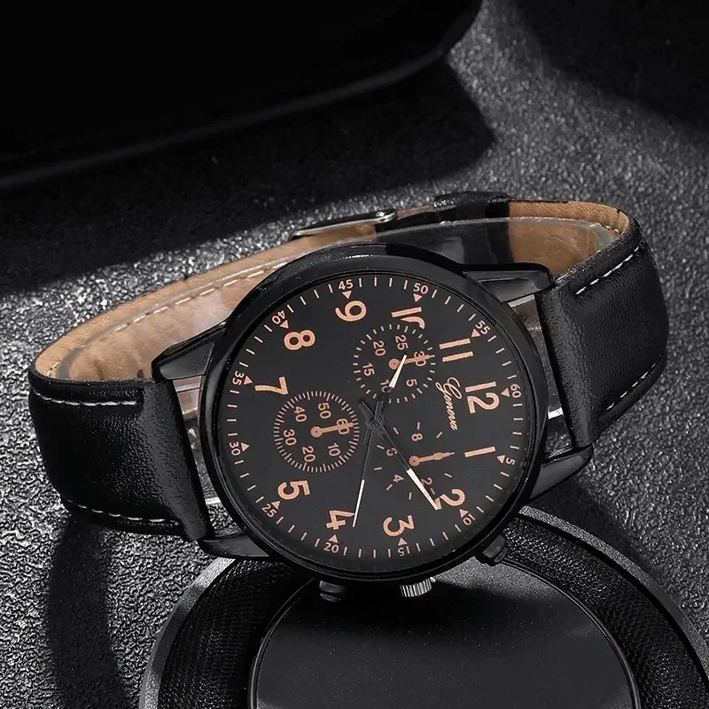 2026 Men's quartz casual three eye PU leather watch fashionable and versatile quartz business watch set