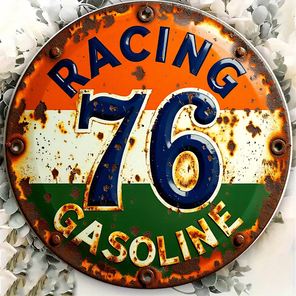 Racing 76 Vintage Gas Station Sign - 8-Inch Round Aluminum Metal Wall Decor with Racing, Bold Blue & Orange Retro Design - Garag