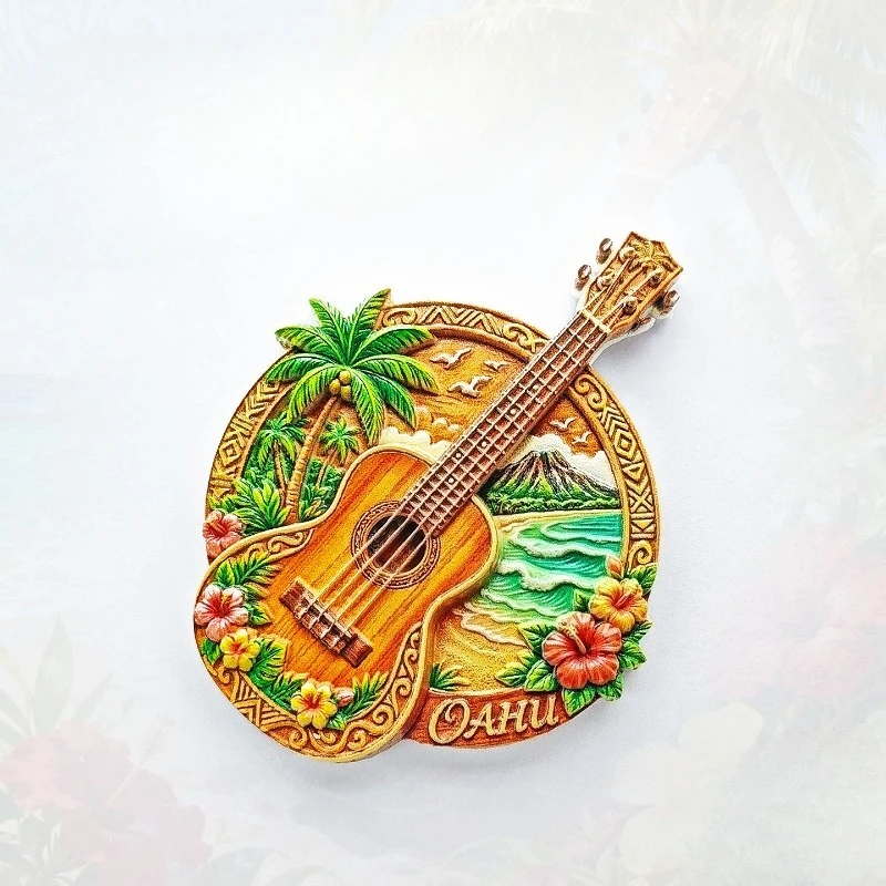 Oahu Guitar Fridge Magnet - Melodic 3D Hawaiian Souvenir Unique Pacific Island Gift for Travel & Music Decor