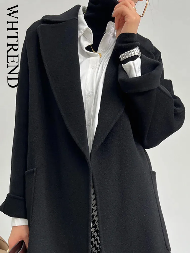 

WHTREND Double-Sided Wool Coat For Women Mid Length Loose Fit Autumn And Winter High-End Woolen Coats With Belt WH1128