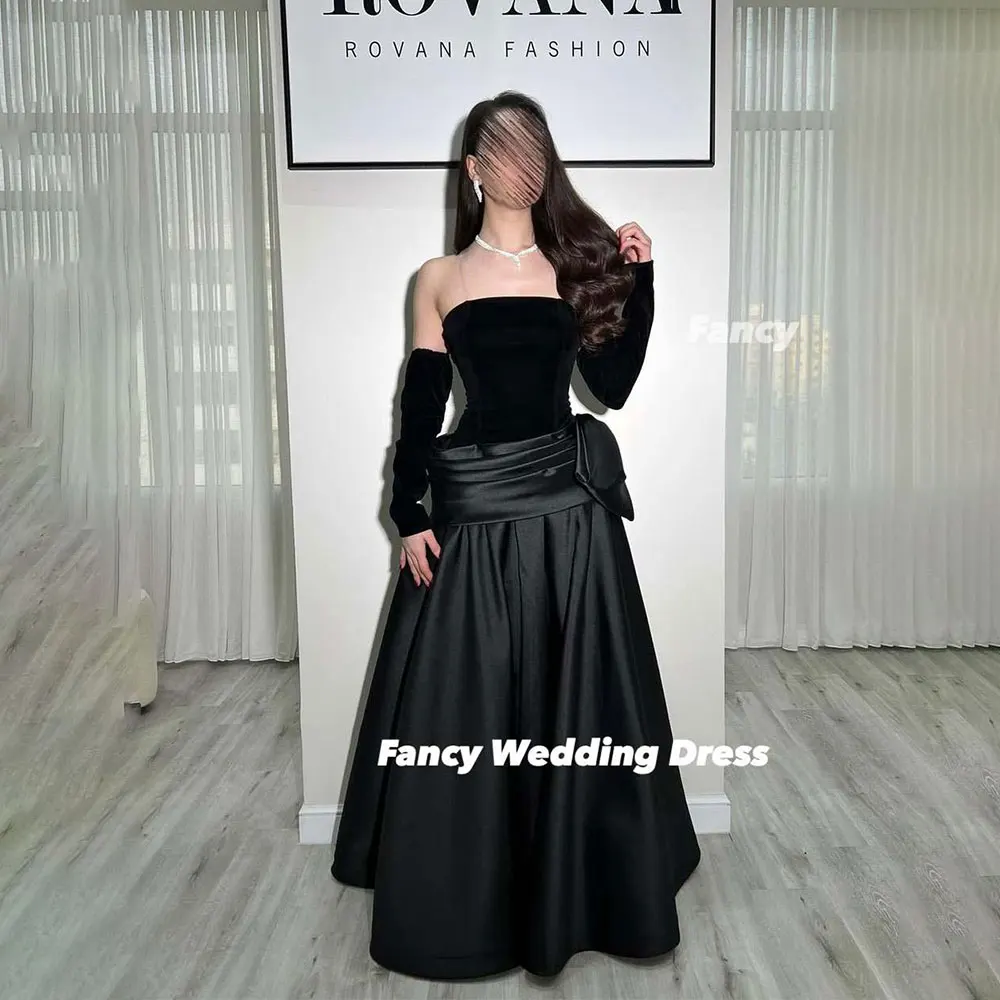 فستان سهرة أنيق بدون حمالات في المملكة العربية السعودية فستان حفلات من الساتان الناعم على شكل حرف A فستان حفلات مشد خلفي مخصص بأكمام #1