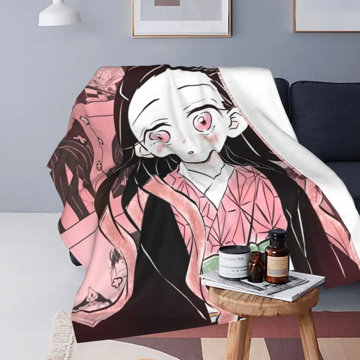 Demon Slayer Nezuko Kamado Knitted Blankets Fleece Anime Ultra-Soft Throw Blanket for Bedroom Sofa Bedroom Quilt