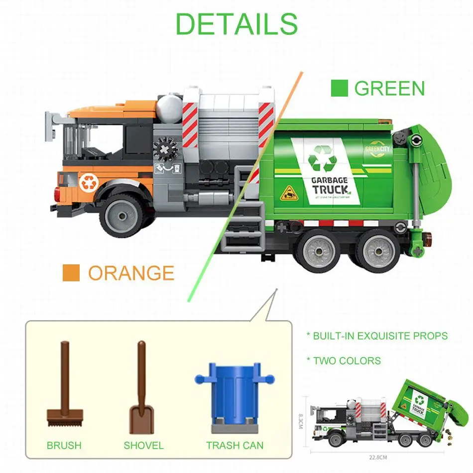 City Technical Sanitation Garbage Truck Vehicle Building Blocks MOC Classic Cleaning Car Model Assemble Bricks Toy Kid Gift ﻿ ﻿