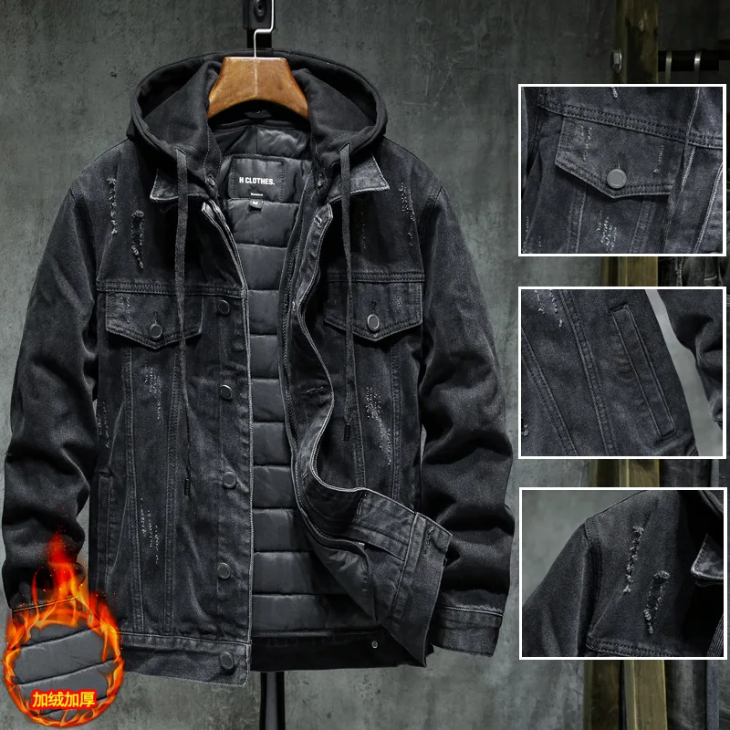 Winter Hooded Denim Jacket Men's Clothing Lining Plus Cotton Thickening Jacket Fashion Pocket Design Men Coat Large Size 5XL