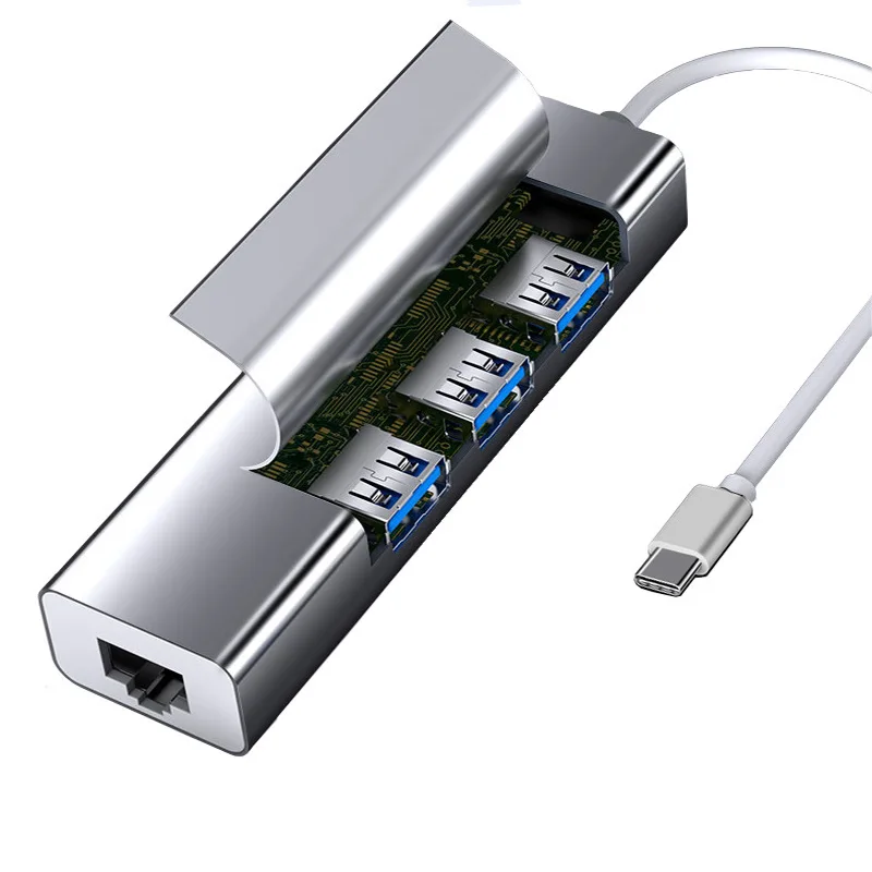 Aluminum Alloy USB 3.1 TypeC to RJ45 Gigabit Ethernet Adapter with 1Port USB 3.0 and 2-Port USB 2.0 Hub–Driver-Free Network Card