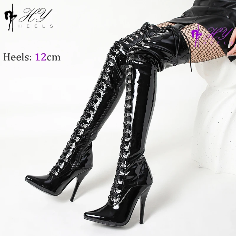 Sexy Black Over-The-Knee 12Cm/5Inchs Thigh High Boots Shiny Leather Long Stripper Women Boots High Heels Shoes Female