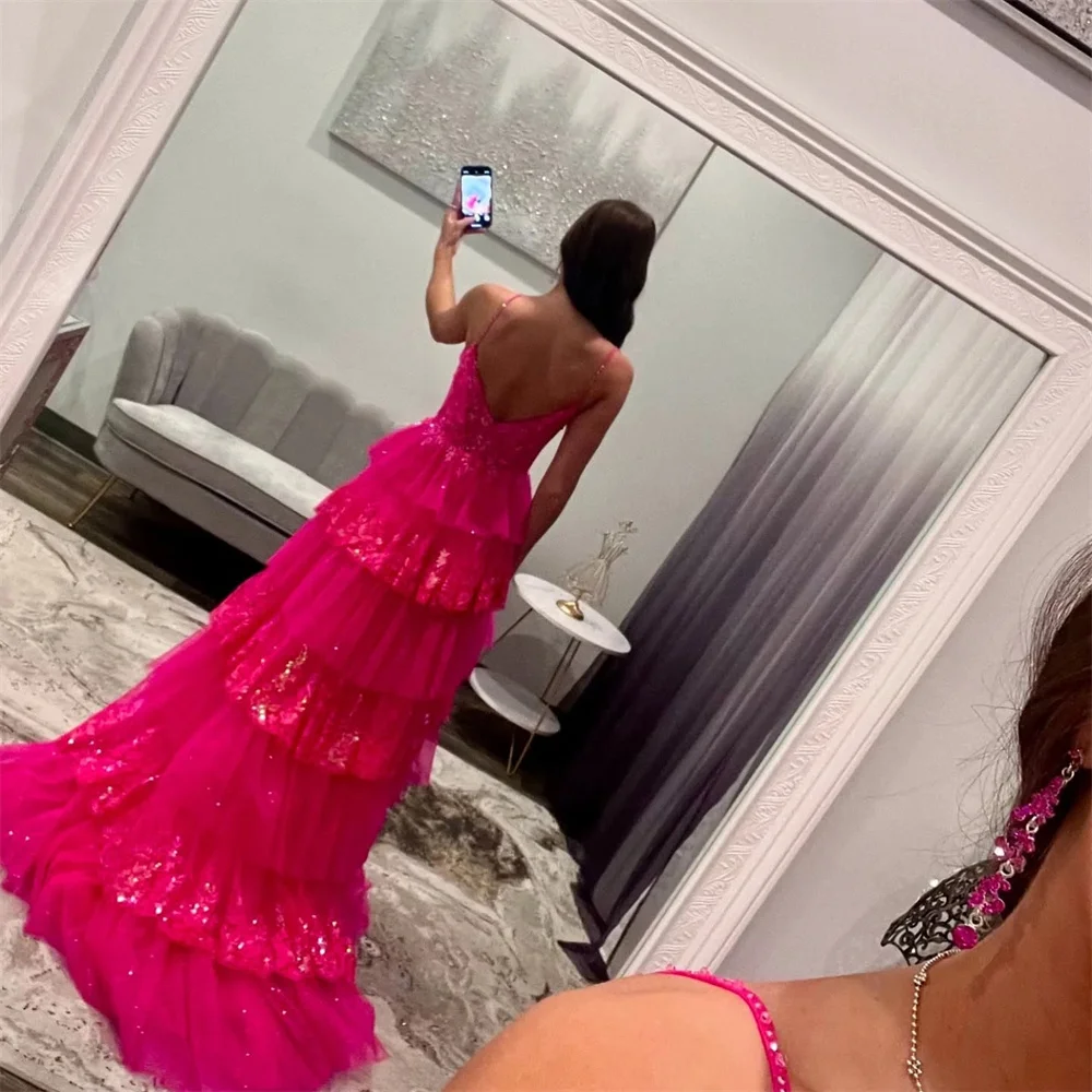 Mila rouge Spaghetti sangle robe de soirée de mariage personnalisé dos nu dos nu robes de soirée en cascade à volants vestidos de fiesta
