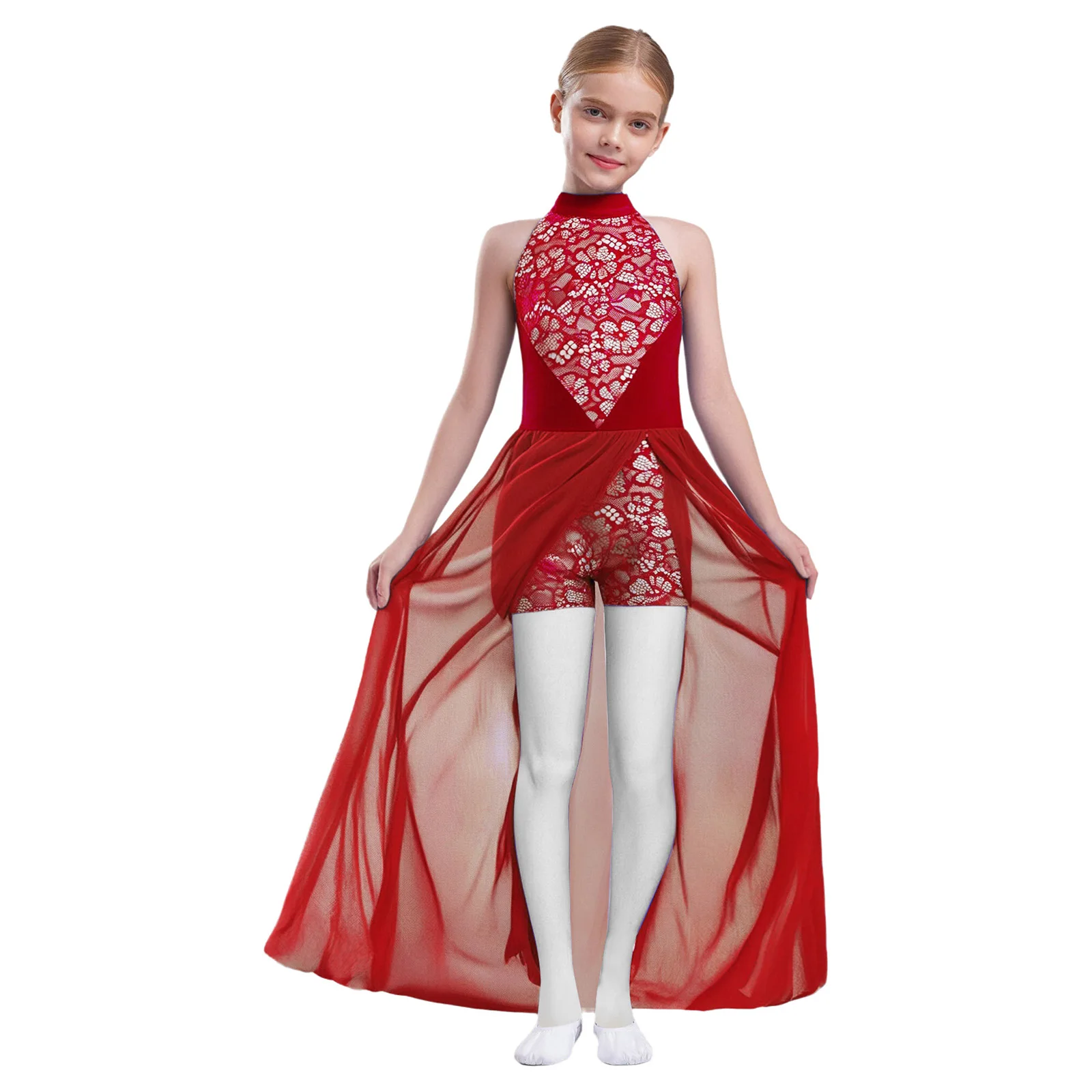 

Kids Girls Lyrical Stage Ballroom Waltz Ballet Dance Leotards with Flowy Mesh Overlay for Lyrical Modern Contemporary Dance Wear