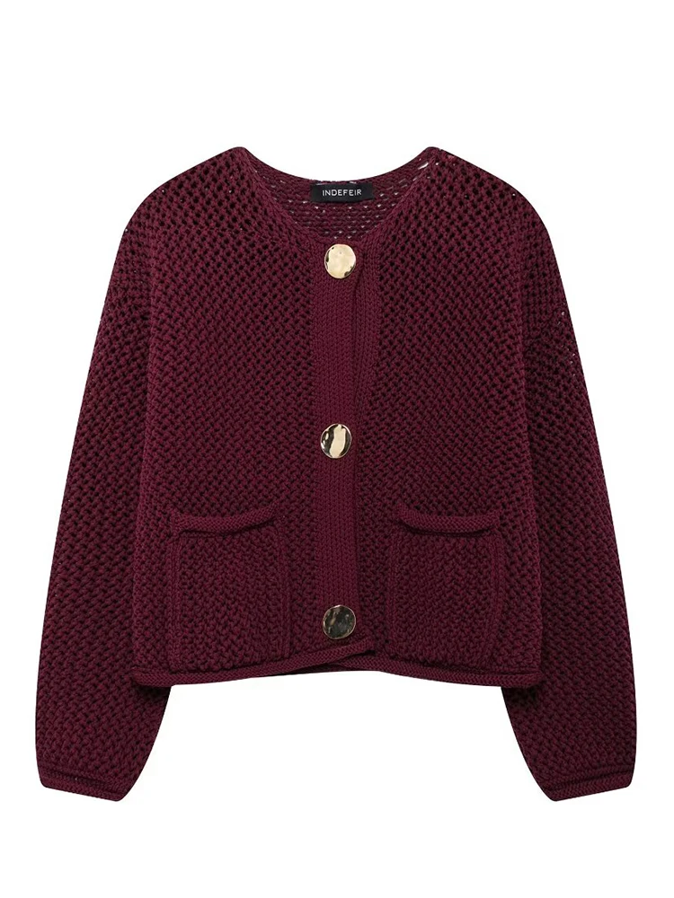 HH Women Hollow Out Chunky Knitted Cardigans 2024 Female Long Sleeve Metal Buttons Short Sweater Crop Top Knitwear Outerwear