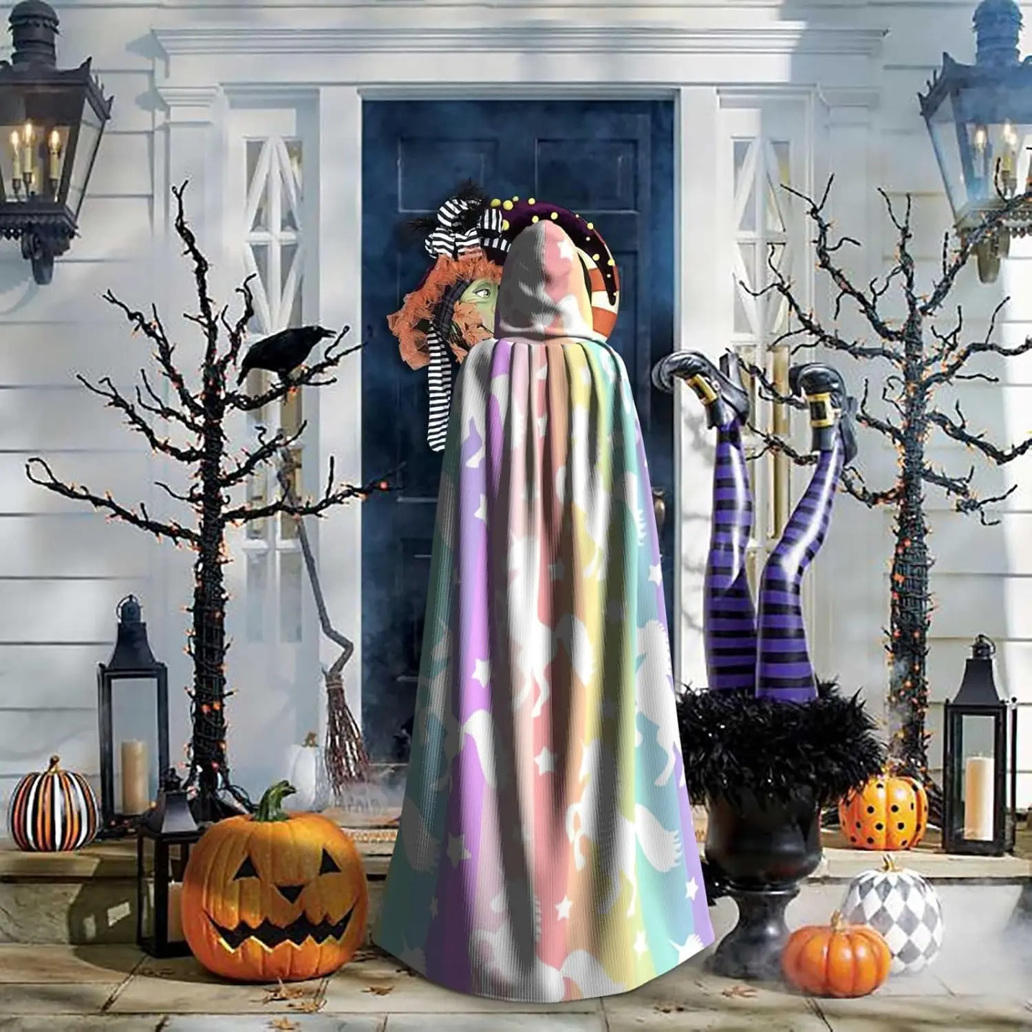 Unisex Robes Capes Adult Unicorns On Colorful Stripes Print Hooded Cloak For Cosplay Halloween Carnival Costumes