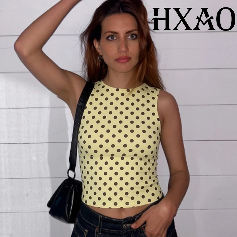 HXAO Polka Dot Damen-Tops, Sommer, ärmellos, gelb, Tank-Tops für Damen, Y2K, rückenfrei, Resort-Crop-Top, schickes, schmales T-Shirt, Weste