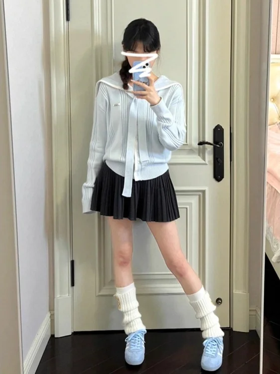 

Весенний модный корейский синий вязаный свитер для женщин, новинка 2026 года, кардиган в студенческом стиле, элегантный топ с темно-синим воротником