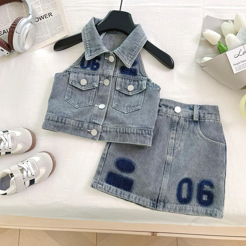 

Children's Outfit Skirt New Summer Korean Style Girls' Denim Sleeveless Top+Short Skirt Refreshing Two-Piece Set