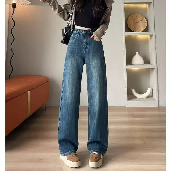 New Summer Thin Straight Leg Jeans Women's Premium Quality High Waist Wide Leg Pants High Waist Distressed Long Jeans