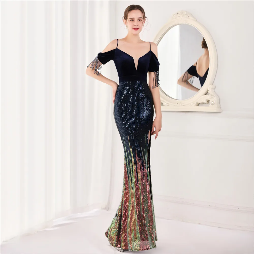 Women Elegant Formal Sequin Glitter Beaded Long Dress Paarty Prom Evening Wedding Straps Mermaid Dress