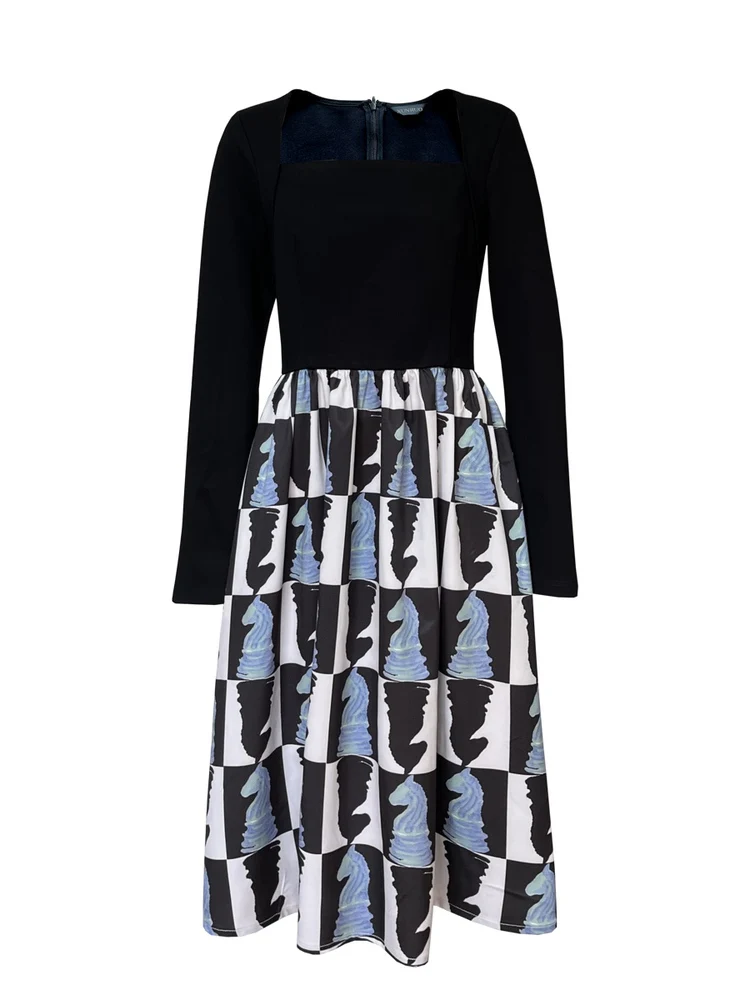 

Xunruo Patchwork Long Sleeve Print Dress Elegant A-Line Silhouette Midi Dress Blue Black Chessboard Print for Women