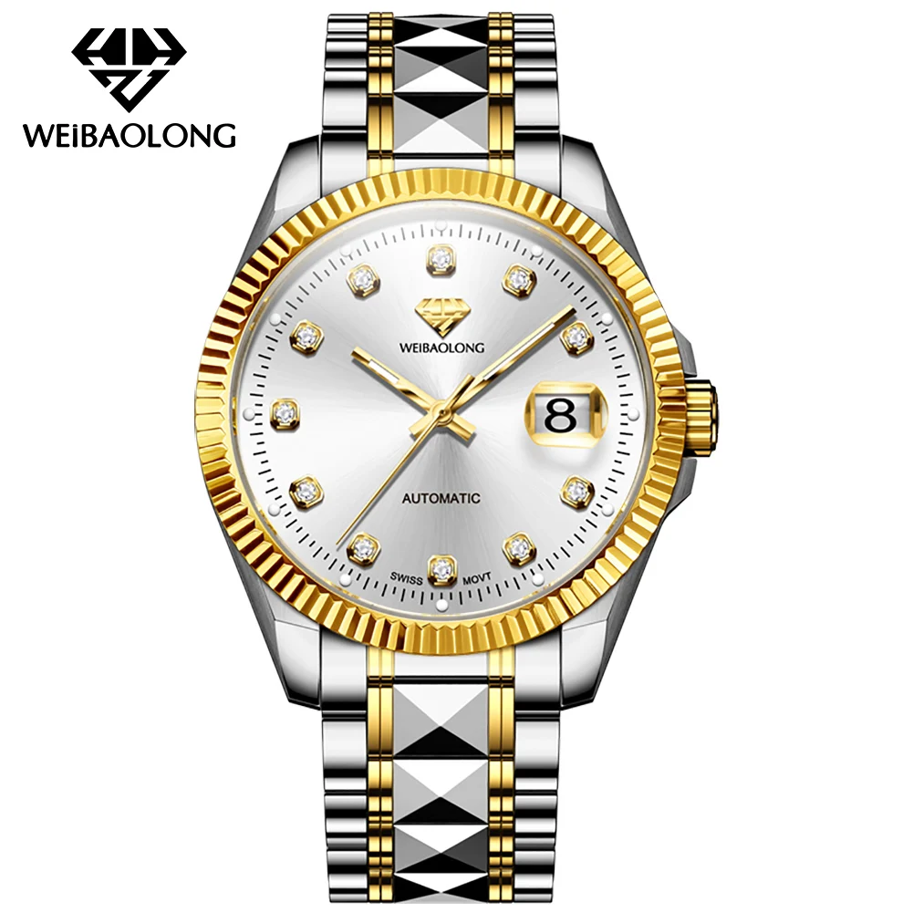 WEIBAOLONG 3802 ساعة ماسية حقيقية للرجال سويسرية أصلية ساعة ميكانيكية أوتوماتيكية مقاومة للماء ساعات رجالية مضيئة