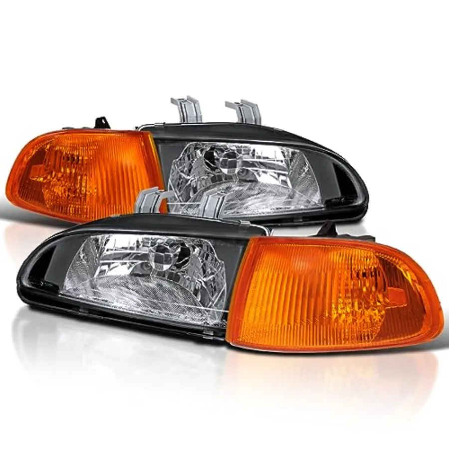 

Black Headlights with Amber Corner Lights for 1992-1995 Honda Civic 2/3-Door EG Coupe Hatchback L+R Pair Head Light Lamp Assemb