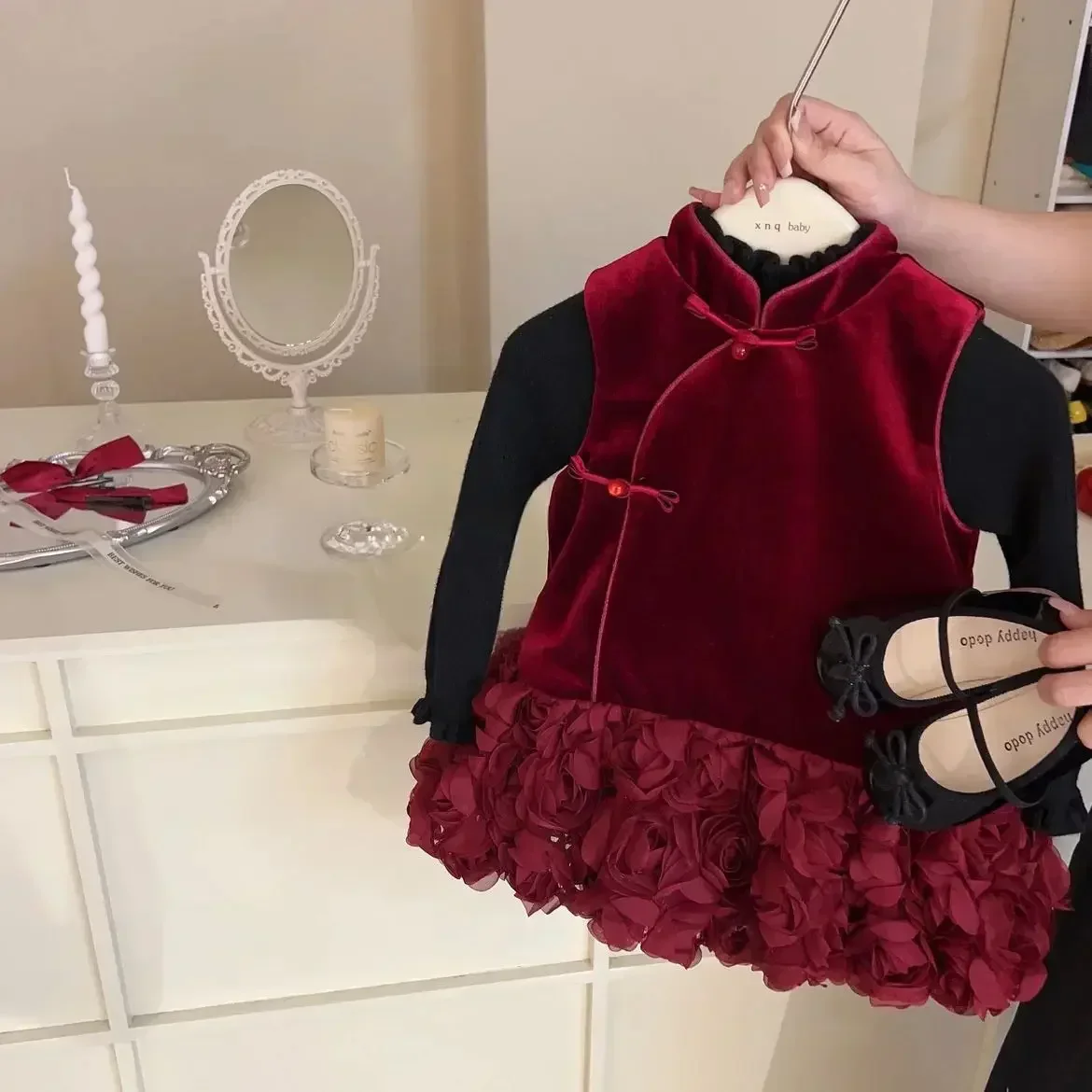Girls Winter New Year Dress Velvet Chinese Style Cheongsam Rose Dress 2024 New Girls Baby Sweet Princess Dress