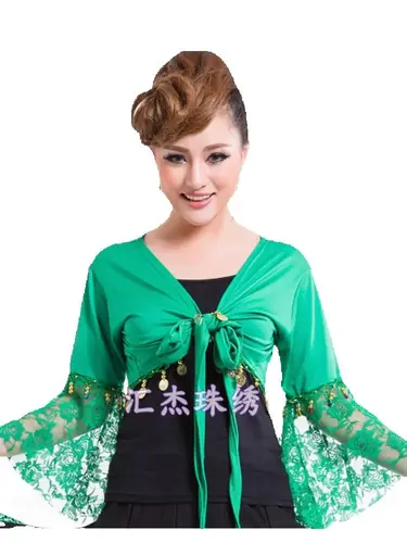 Imagen 1 del producto 1 unids/lote, envío gratis, ropa de danza india a la moda, ropa de baile con manga de trompeta, top de danza del vientre de encaje de manga larga de talla grande