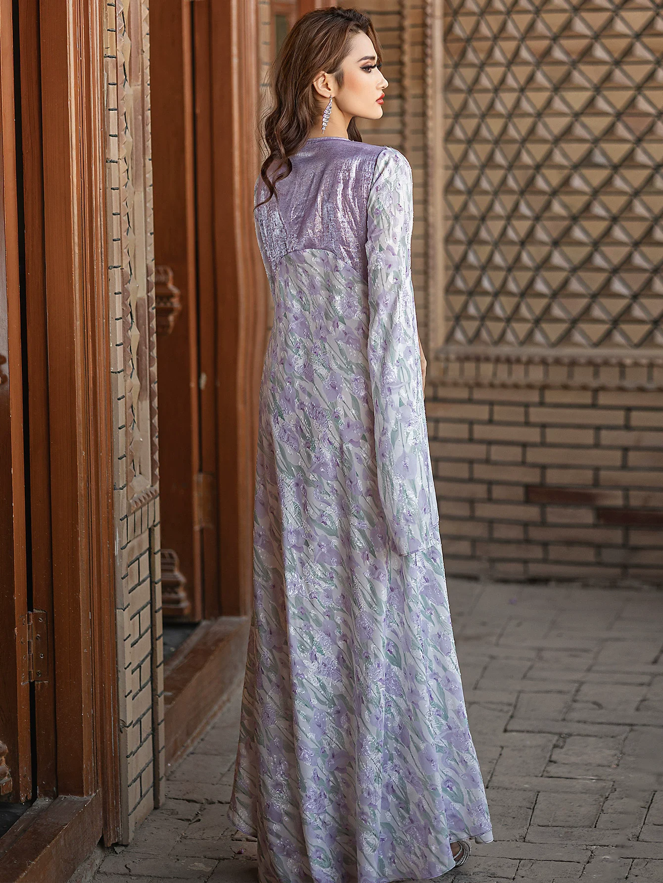 Ramadan Muslim handmade sewn diamond decoration purple iridescent flowing light oversized flared sleeve design elegant dress