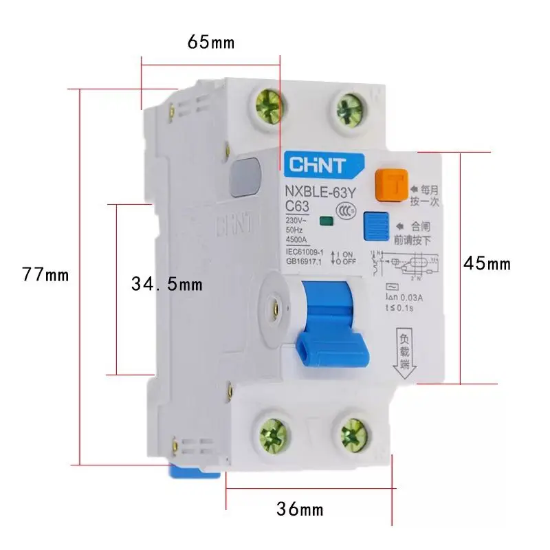 CHNIT 16A 63A 10mA 30mA 6KA 1P+N RCCB RCD 230V Electronic Residual Current Circuit Breaker Differential Breaker Safety Switch