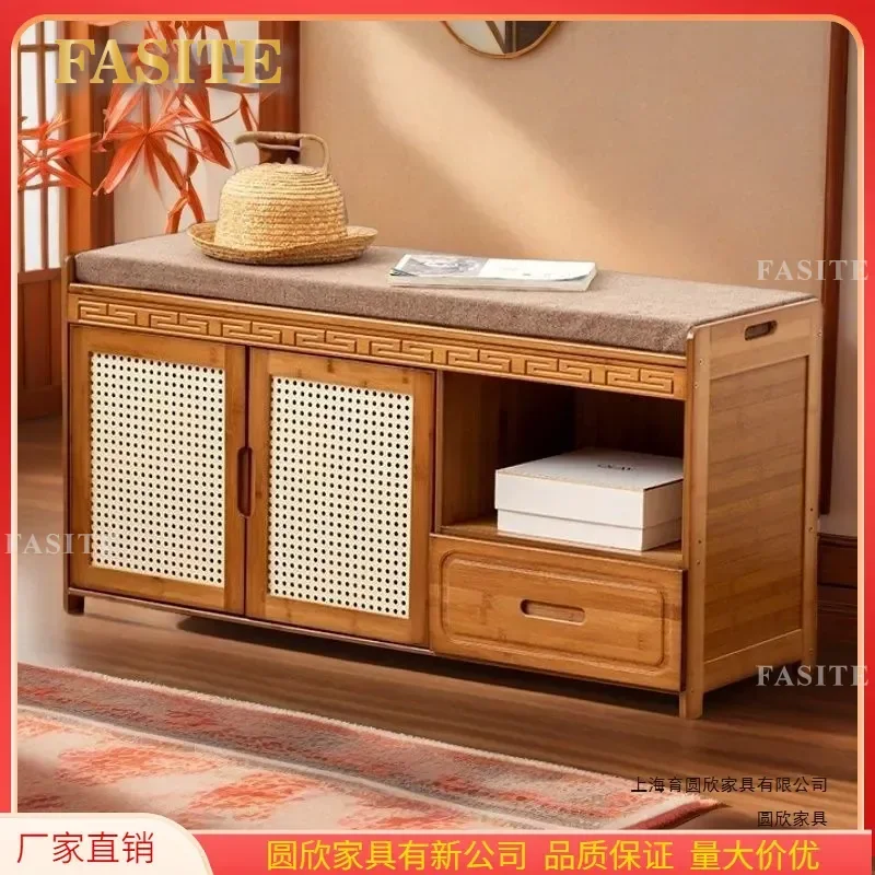 For Home Entryway Shoe Changing Stool Soft Upholstered Rattan Bench Integrated with Shoe Cabinet Simple Storage Seat