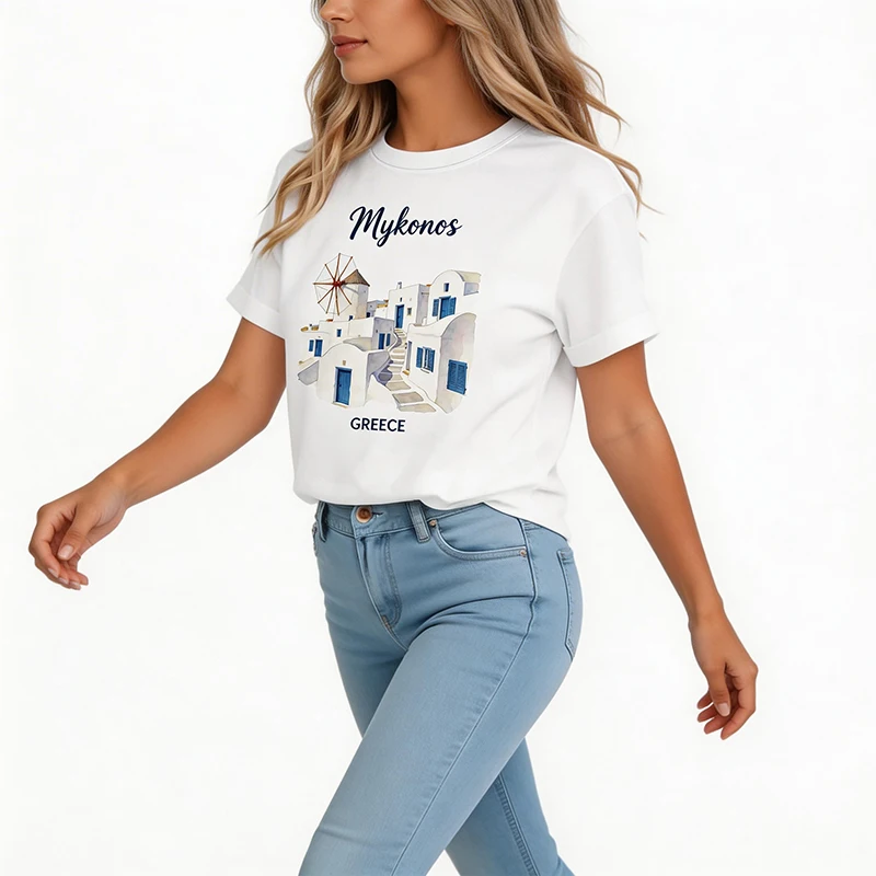 Women's Casual Short Sleeve T Shirt with Santorini Greece Print 90s Graphic T-Shirt Parthenon Temple Tees Tops Tshirt Clothes