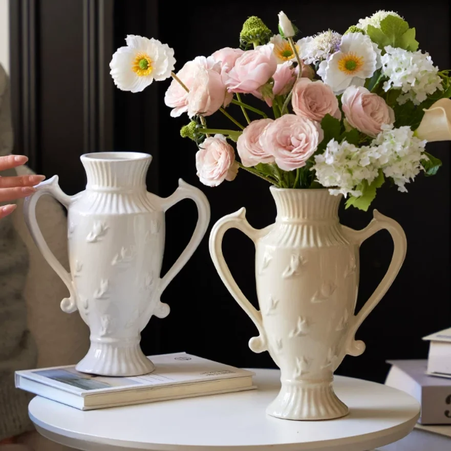 

European Romantic Cream Style Ceramic Double Ear Vase Cream Relief Living Room Flower Arrangement Hydroponic Home Decoration Orn