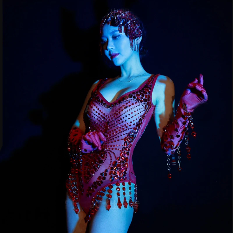 Nowy kostium Bar Nightclub DJ DS Gogo Full Rhinestones Red Bodysuit Gloves Women Pole Dance Clothing Stage Performance Wear Set