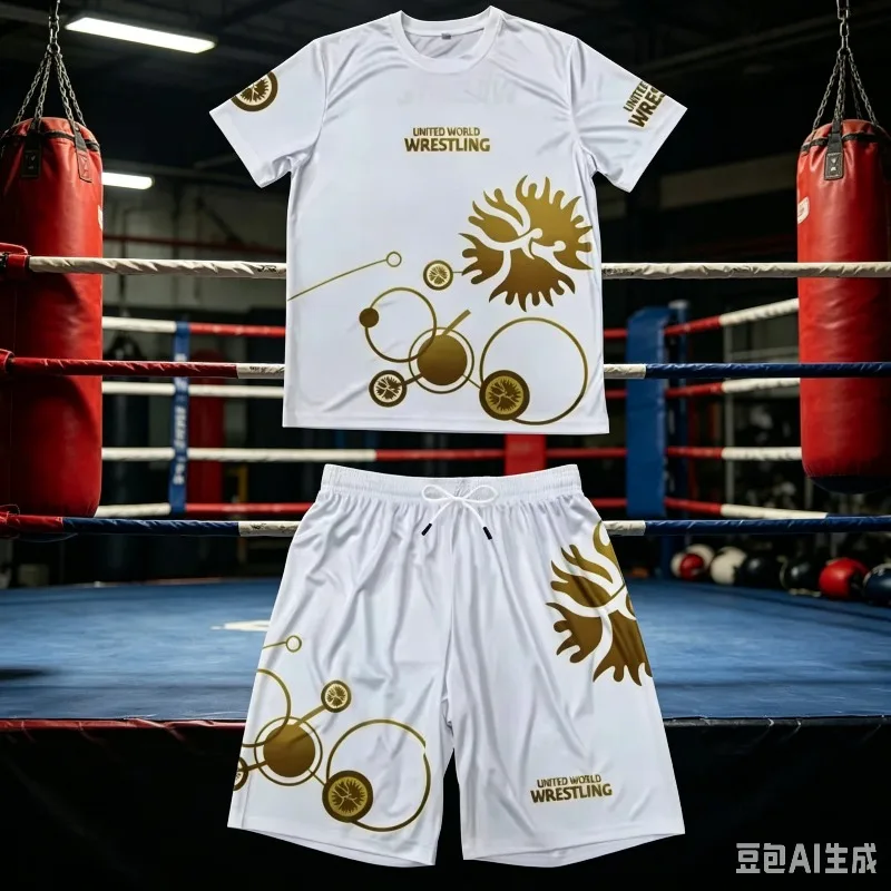 

2026 New Men World Wrestling Team Sportswear Set Short Sleeve T Shirt Shorts for Gym Workout Lightweight Moisture Wicking MOTO