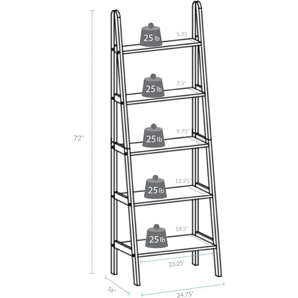 Casual Home Librería con escalera de 5 estantes de madera maciza 100%, 24,75 ancho x 16 profundidad x 72 alto, marrón cálido, estante con escalera independiente de 5 niveles