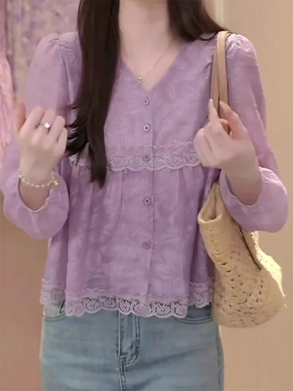 루즈핏 플로럴 롱 슬리브 V넥 여성 캐주얼 편안한 핏 어깨 라인 디자인 여름 상의 큰 사이즈