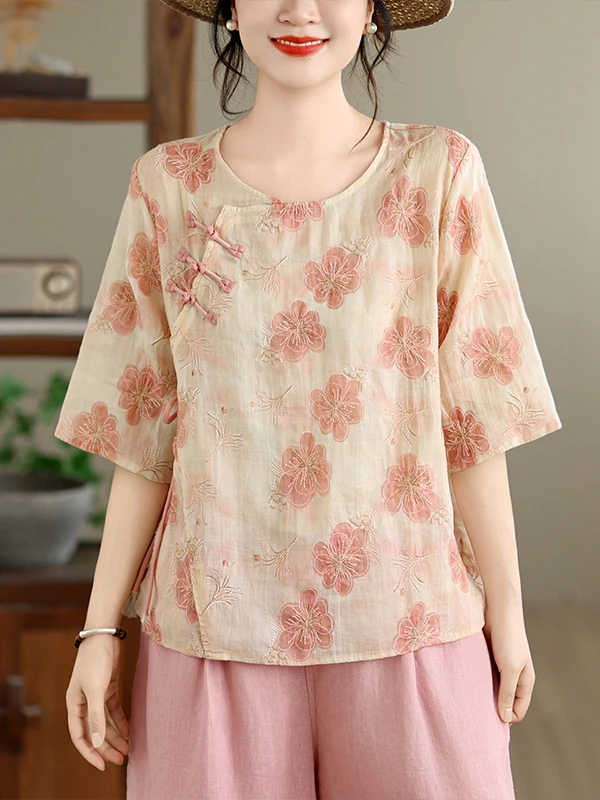 

Lightweight Cotton Linen Short Shirt for Women Chinese Style Button Design Summer Artistic Zen Tea Clothing Skin Friendly Bre...