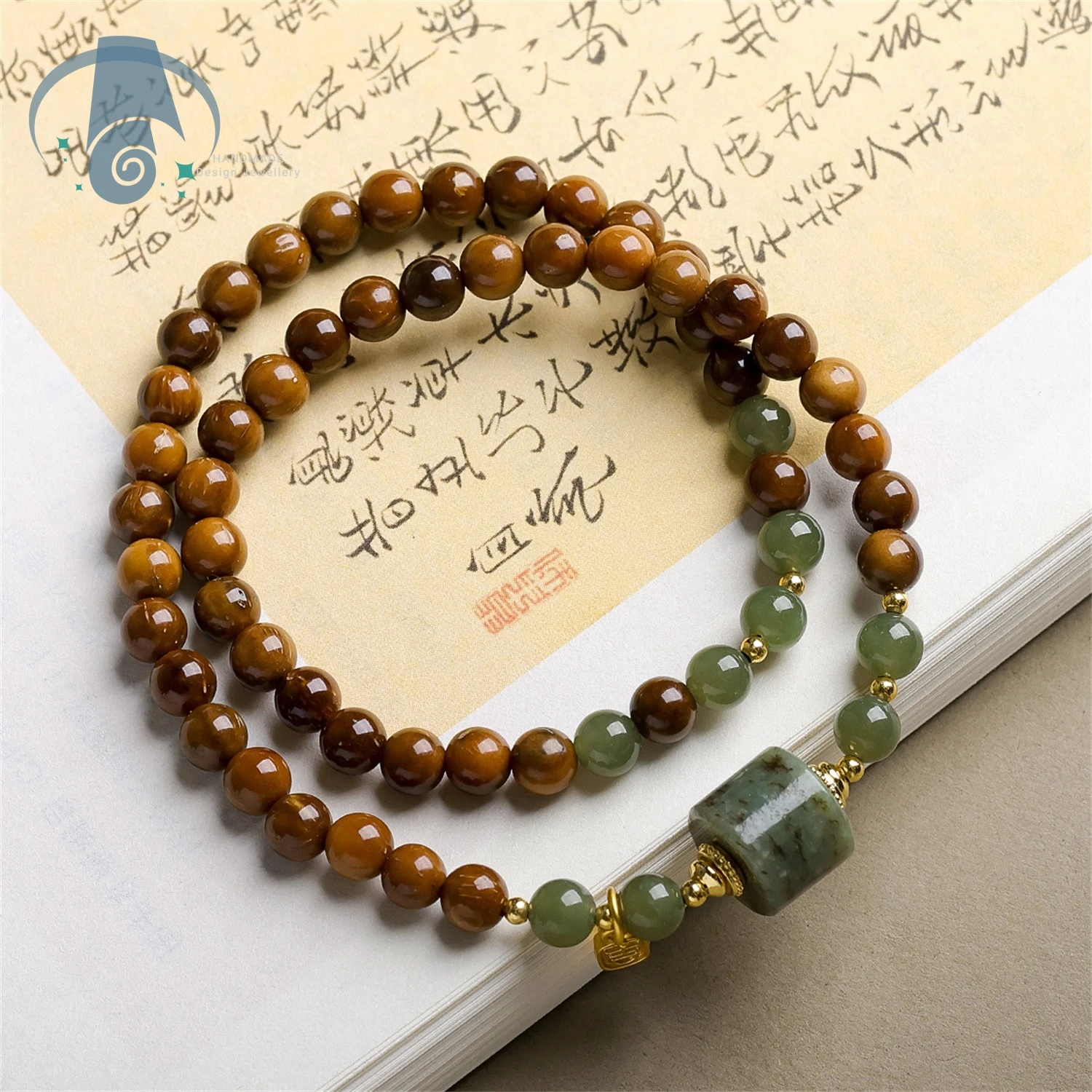 Natural Hetian Jade Gourd Pendant Kuka Wood Bead Bracelet Handmade Single Circle Charm Smooth Touch Chinese Style Lucky Jewelry