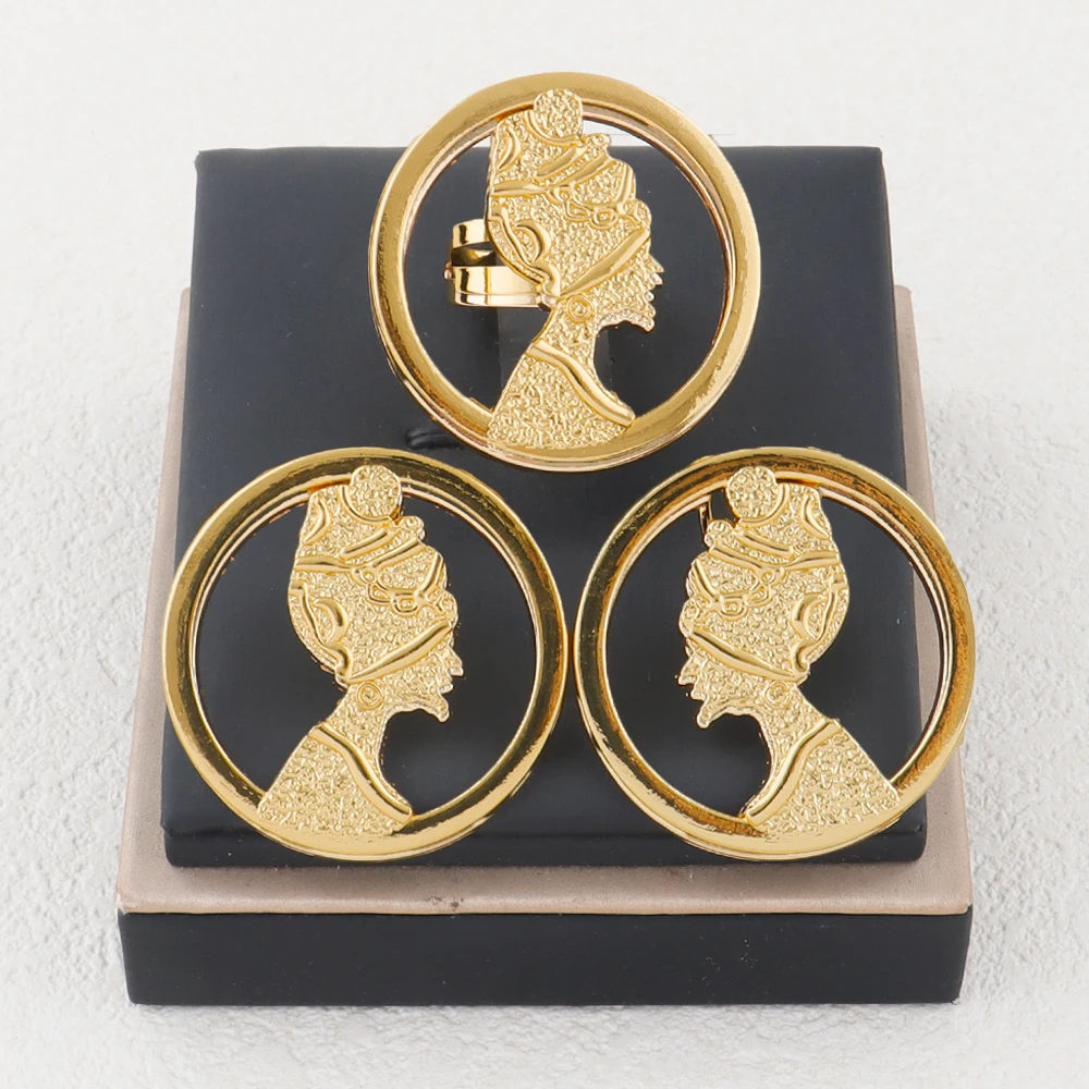 

Women's Trendy Personalized Design Earrings with Ring Set African Bridal 18k Gold 2Pcs Set Dubai Jewelry Accessories