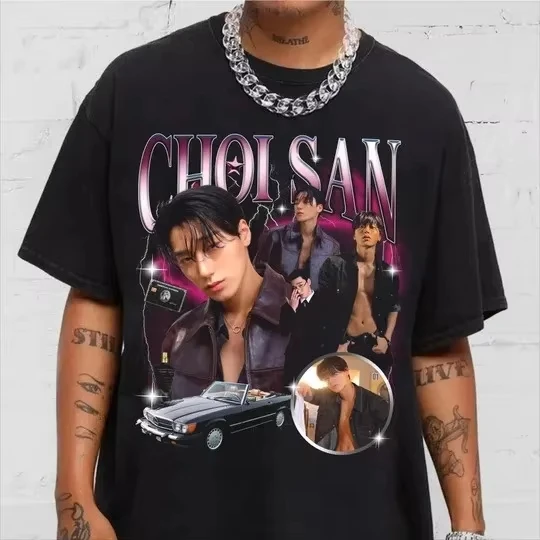 Crew Neck T - Shirt with ATEEZ Choi San Retro K - Pop Creative - Inspired Graphic Featuring Music Art for Fans ATEEZ