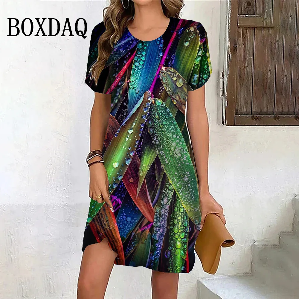 Fashion Oversized Clothing Tie Dye Leaves 3D Print Women Dress Summer Casual Ladies Short Sleeve O-Neck Loose Plus Size Dresses