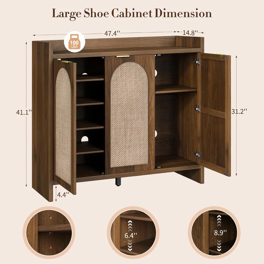 6-Tier Rattan, Wood Shoe Cabinet 3 Doors, Adjustable Shelves Entryway, Hallway, Living Room