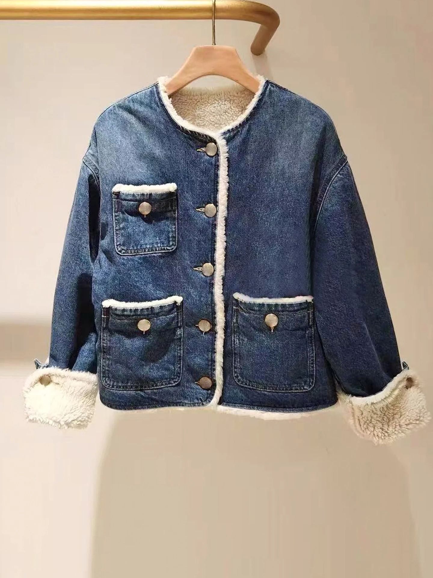 

Casual Lamb Velvet Denim Jaet Outerwear for Women Stand Fit Commute Sle Long Sve round Ne Button Closure Regular ...