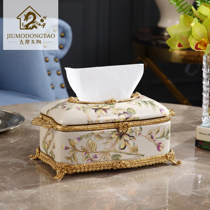 Luxury ceramics with copper wrapped porcelain tissue box light luxury villa soft retro inlaid copper drawer decoration