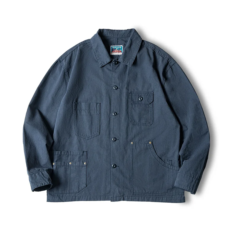 Maden Jaqueta masculina azul-marinho estilo cazadora Gola virada assimetrica vários bolsos Casaco casual de algodão Roupa exterior solta Tamanho