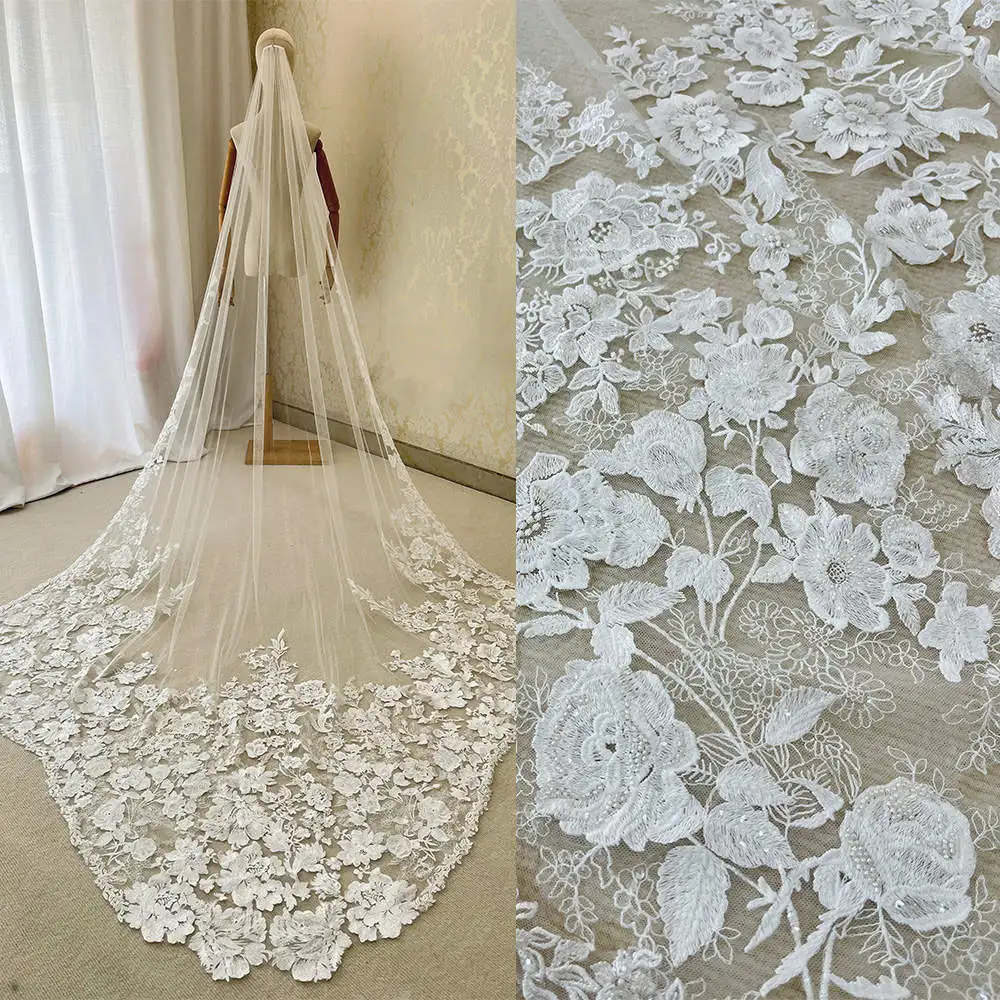 

Stylish Lace Wedding Veils Cut Edge 3M Cathedral Length One Layer Appliqued Bridal Veil With Comb For Women Hair Accessories