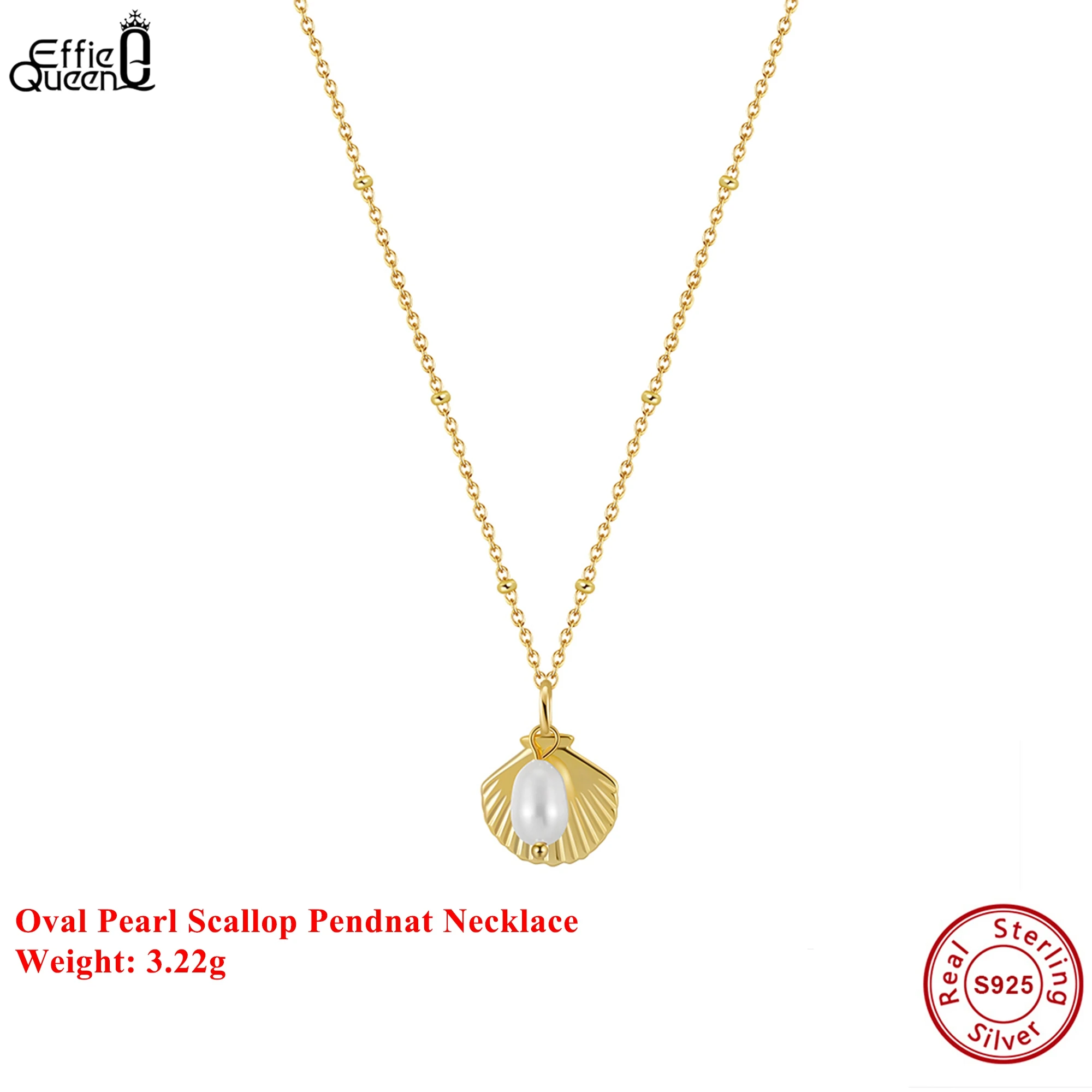 

EFFIE QUEEN 925 Pure Silver 14k Gold Oval Freshwater Pearl Pendant Necklace Natural Jewelry for Women Wedding Party Gift GPN83