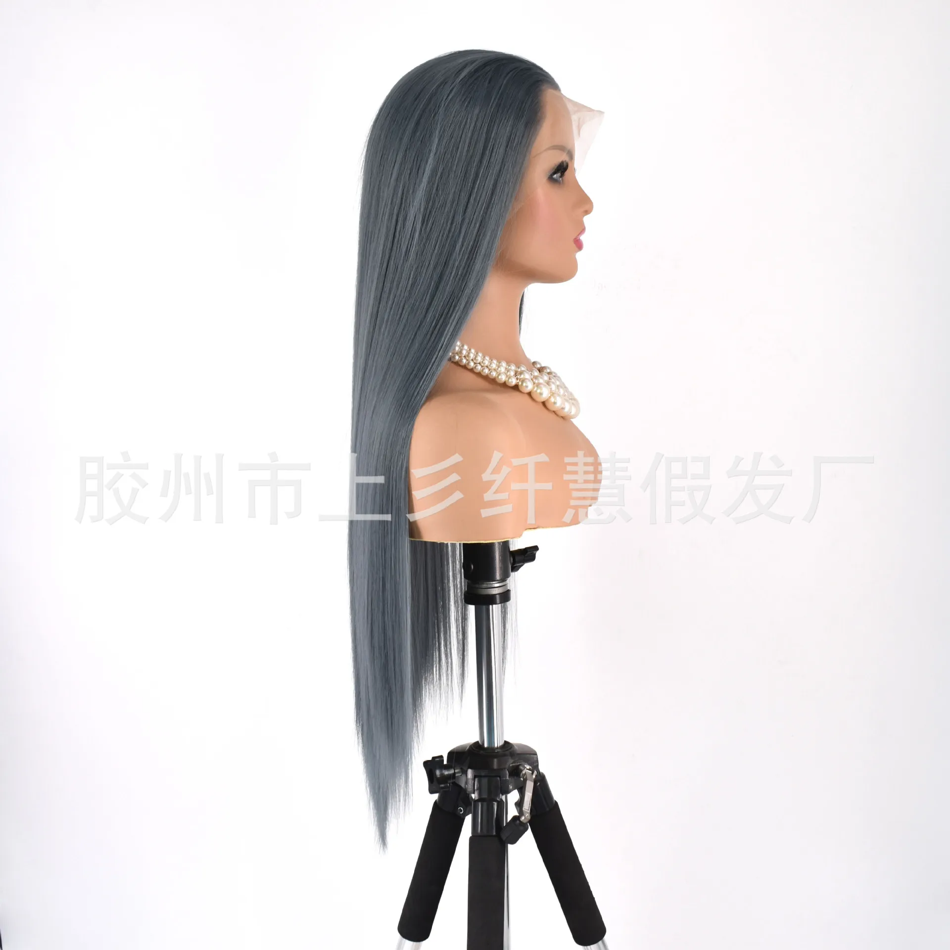Smoky Blue Lace Synthetic Wig for Women Hand-Tied Full Cap Matte Fiber Cosplay Costume Photography Party Hairpiece