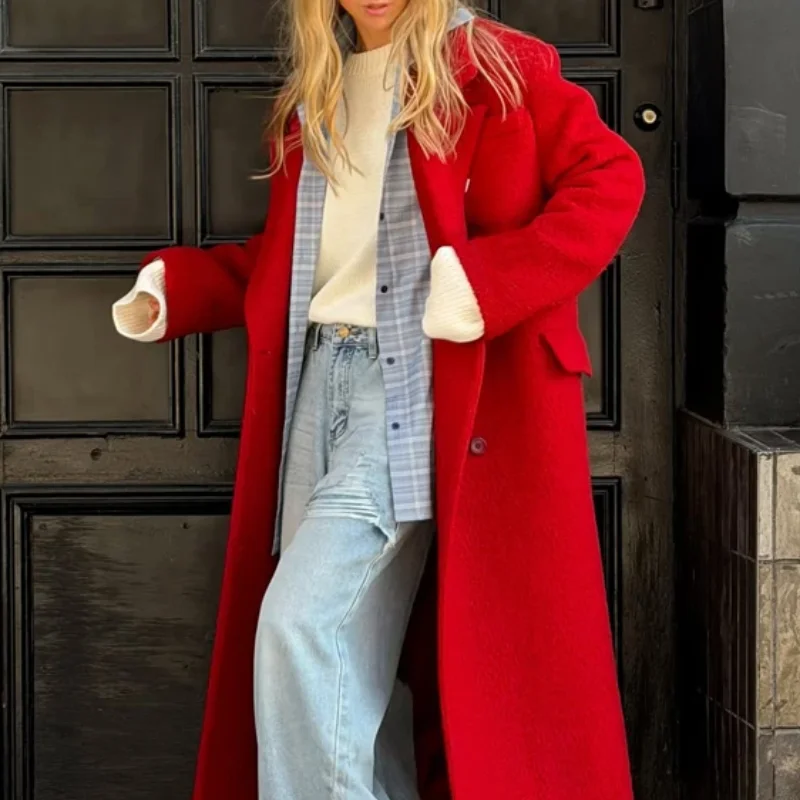 Womens Casual Winter Oversized Wool Blend Long Coat Notched Lapel Double Breasted Loose Warm Street Outerwear Daily Going Out
