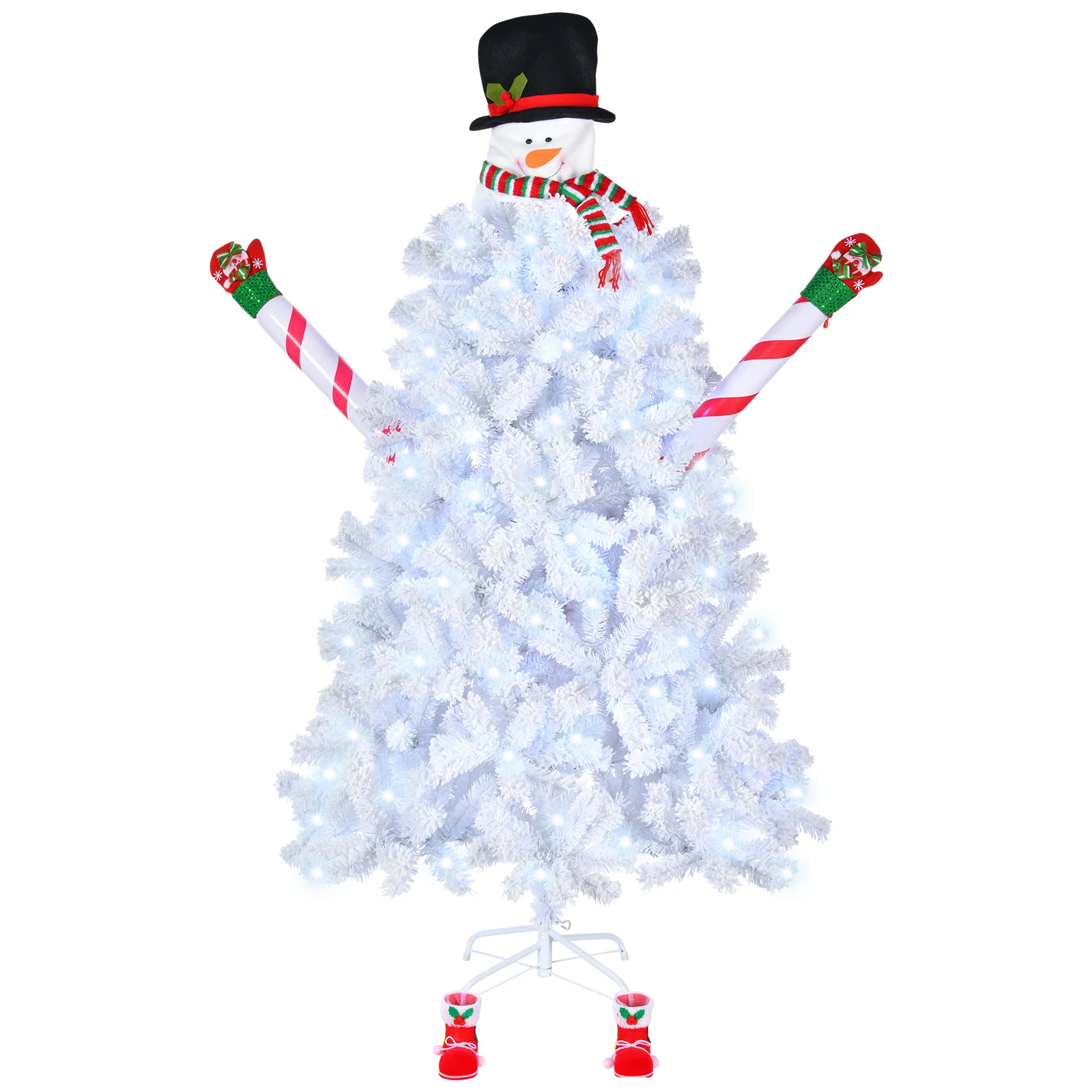 6.5ft Automatic Tree Structure Snowman Shape PVC Material 700 Branches White Flocking 140 Lights