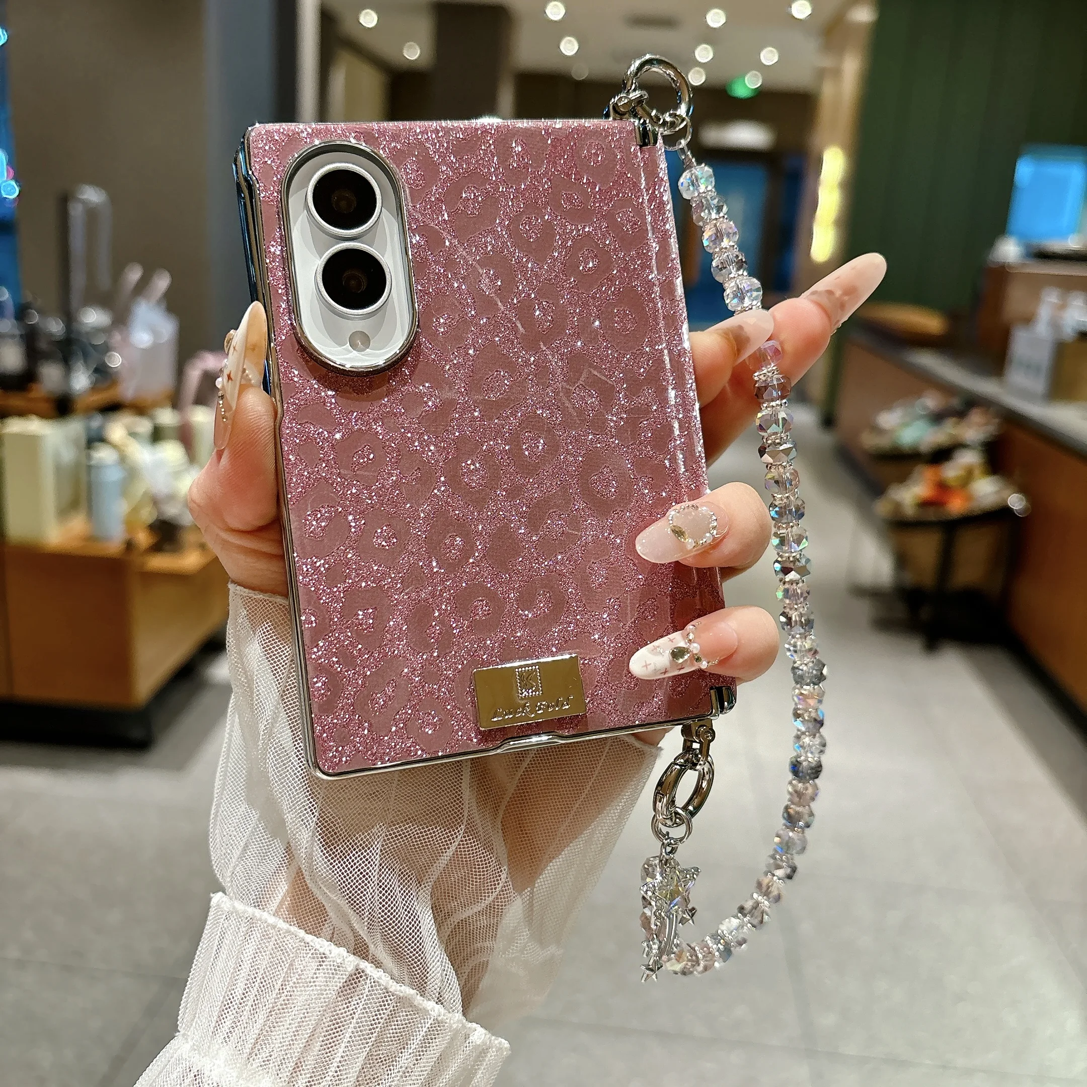 Fashion Glitter Leopard Print Leather Case For Samsung Z Fold 8 Wide Hinge Protection Shockproof Precise Cutouts Strap Cover