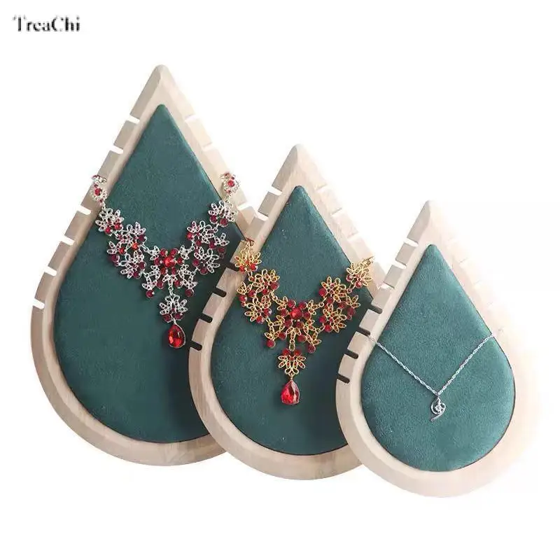 Wooden Three-Piece Jewelry Display Set Solid Wood Teardrop-Shaped Necklace and Earring Display Stand for Storefront Display